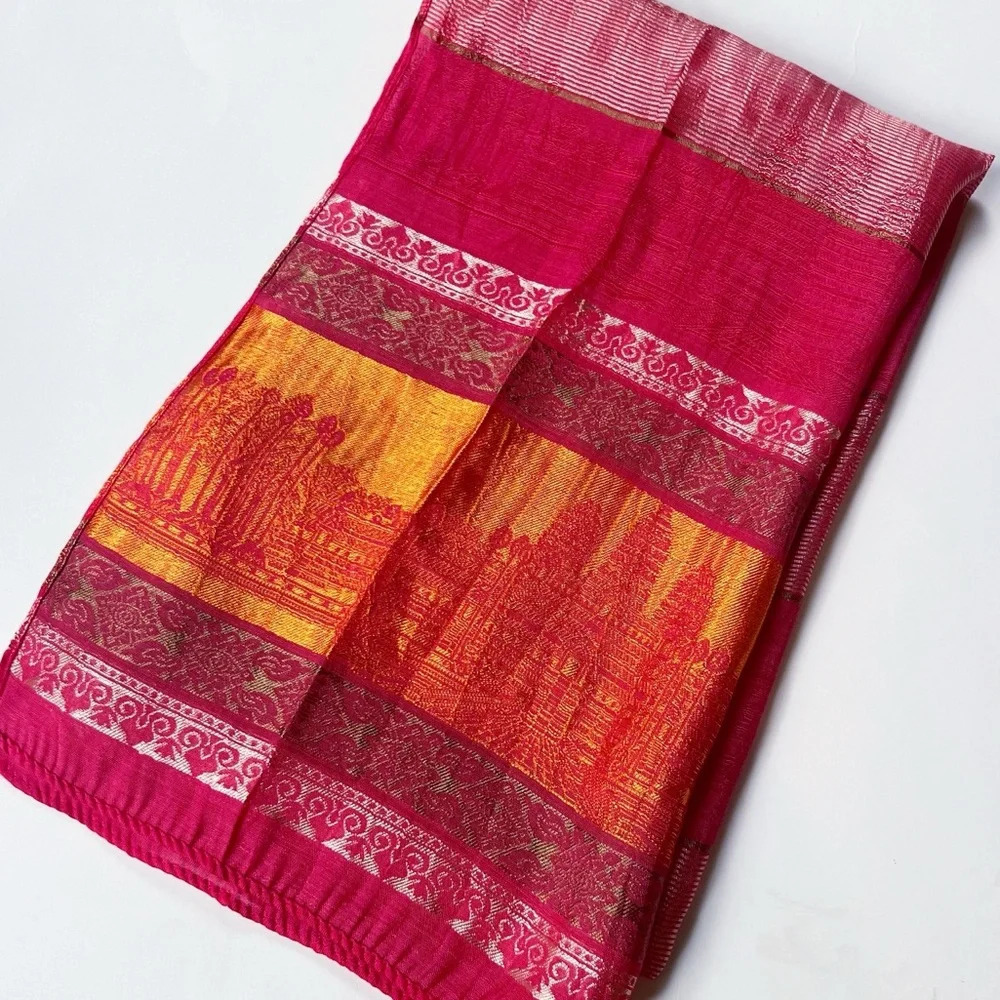 Silk Scarf Lightweight Moroccan India Design Damask Red Gold Orange - Picture 9 of 9